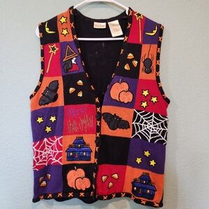 Vtg Bobbie Brooks Halloween Patchwork Embroidered Bats Pumpkin Sweater Vest Sz M